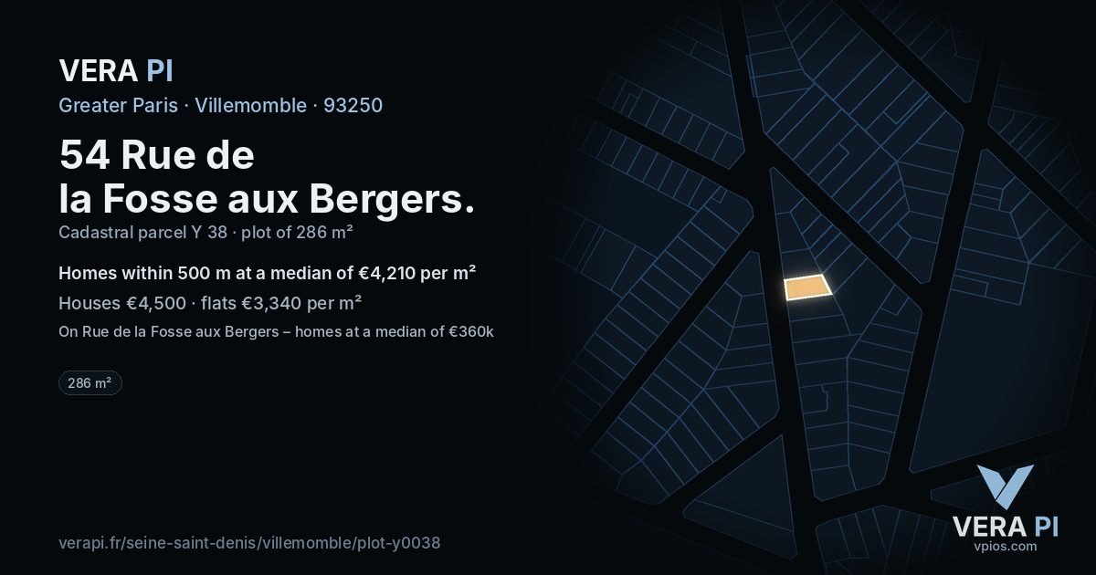 54 Rue de la Fosse aux Bergers, Villemomble at night – the plot lit, the parcels around coloured by the prices near them