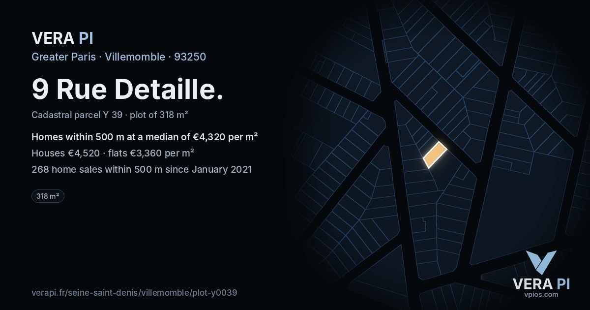 9 Rue Detaille, Villemomble at night – the plot lit, the parcels around coloured by the prices near them