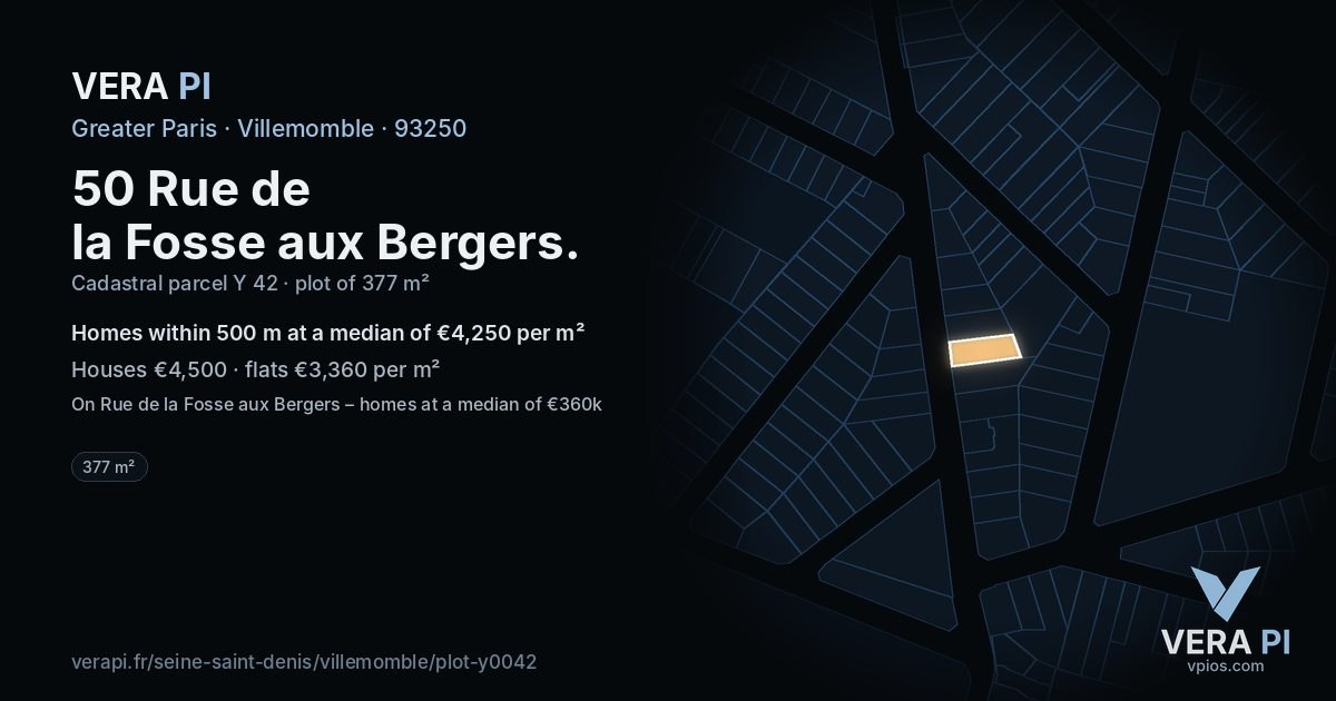 50 Rue de la Fosse aux Bergers, Villemomble at night – the plot lit, the parcels around coloured by the prices near them