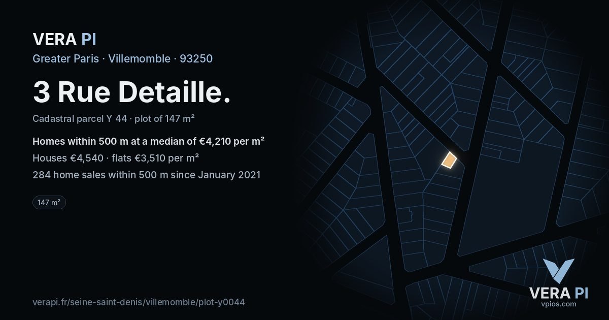 3 Rue Detaille, Villemomble at night – the plot lit, the parcels around coloured by the prices near them