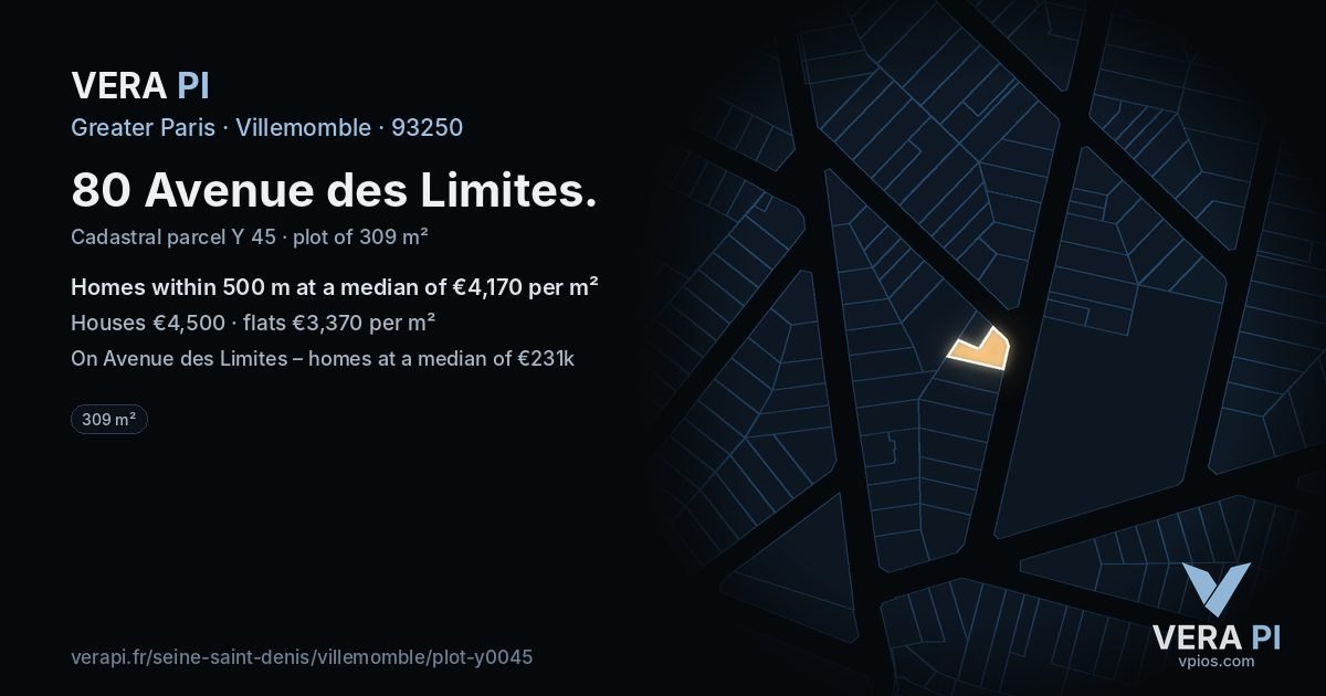 80 Avenue des Limites, Villemomble at night – the plot lit, the parcels around coloured by the prices near them