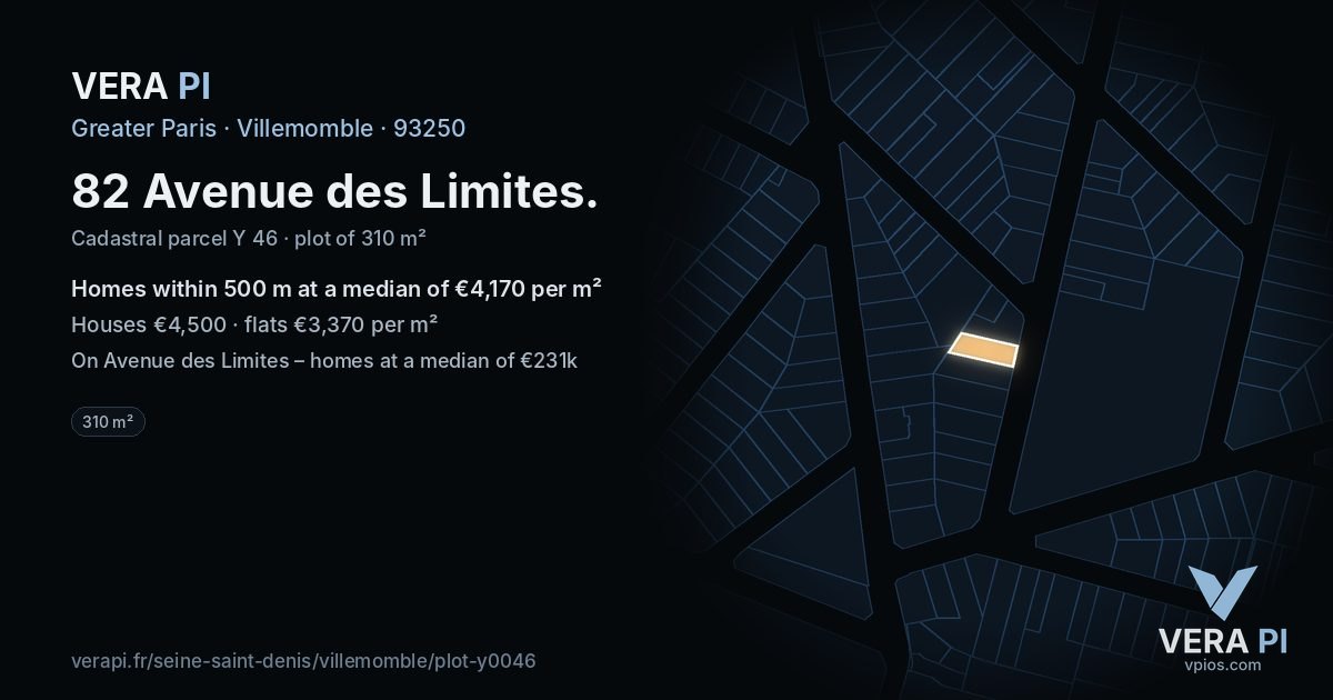 82 Avenue des Limites, Villemomble at night – the plot lit, the parcels around coloured by the prices near them
