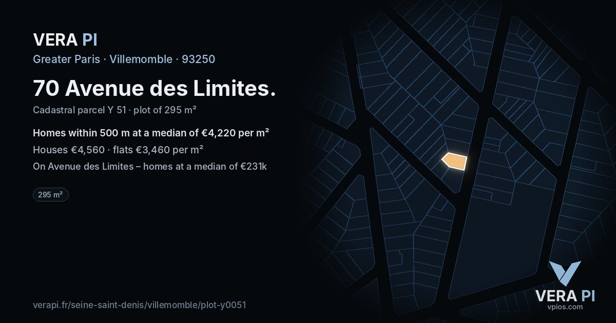 70 Avenue des Limites, Villemomble at night – the plot lit, the parcels around coloured by the prices near them