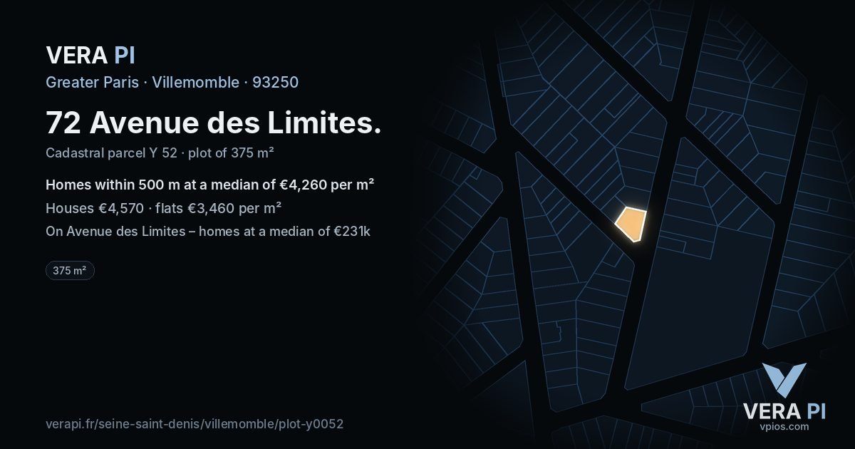 72 Avenue des Limites, Villemomble at night – the plot lit, the parcels around coloured by the prices near them