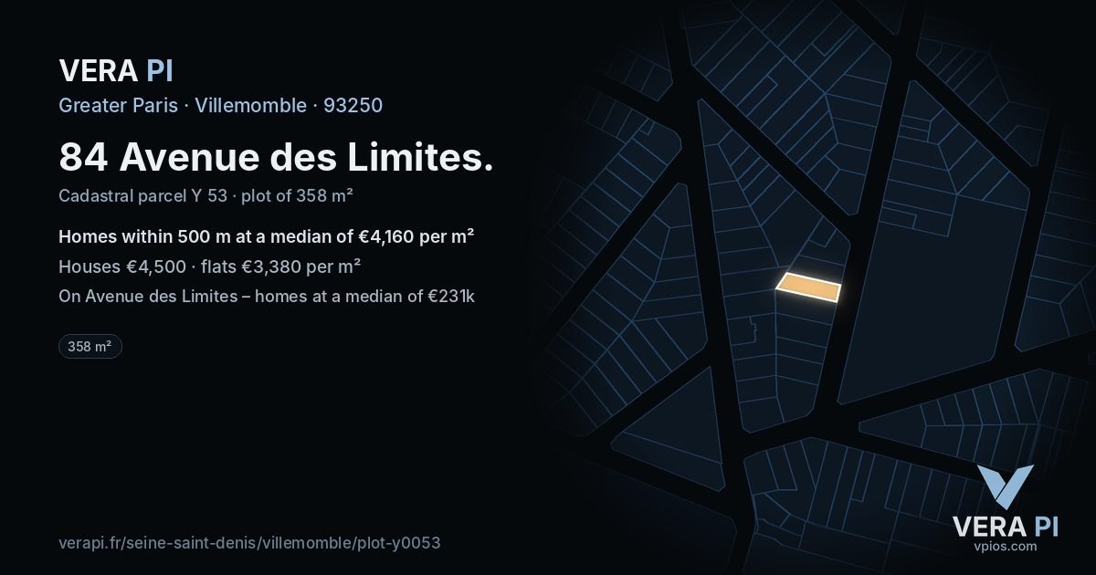 84 Avenue des Limites, Villemomble at night – the plot lit, the parcels around coloured by the prices near them