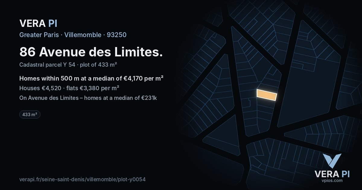 86 Avenue des Limites, Villemomble at night – the plot lit, the parcels around coloured by the prices near them