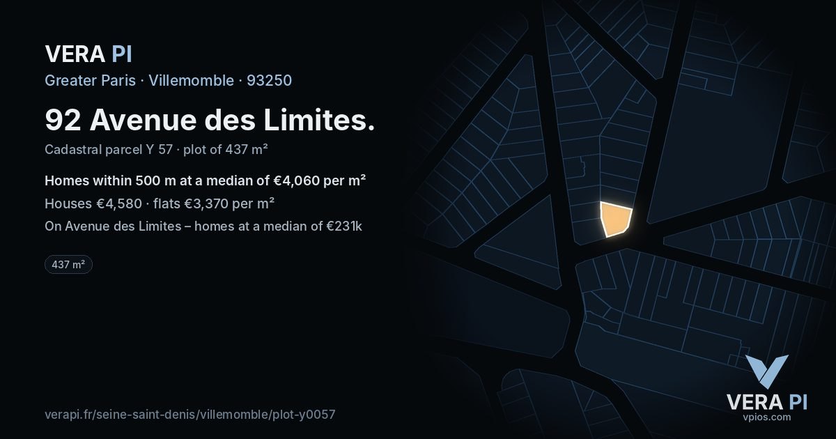 92 Avenue des Limites, Villemomble at night – the plot lit, the parcels around coloured by the prices near them