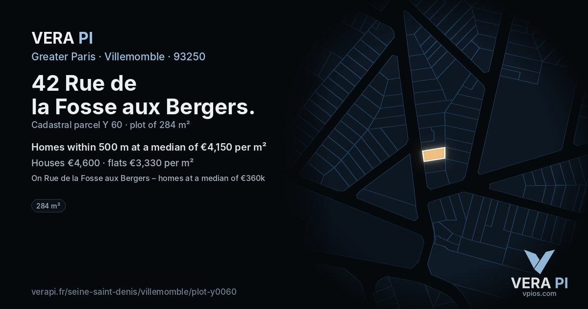 42 Rue de la Fosse aux Bergers, Villemomble at night – the plot lit, the parcels around coloured by the prices near them