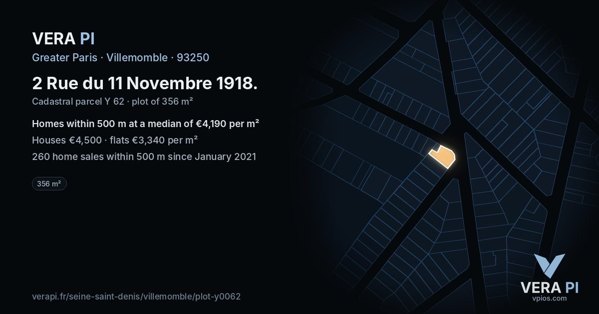 2 Rue du 11 Novembre 1918, Villemomble at night – the plot lit, the parcels around coloured by the prices near them