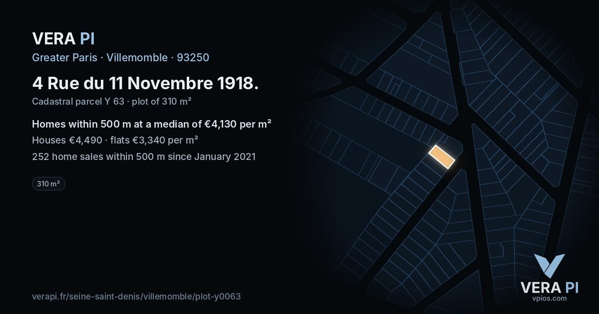 4 Rue du 11 Novembre 1918, Villemomble at night – the plot lit, the parcels around coloured by the prices near them