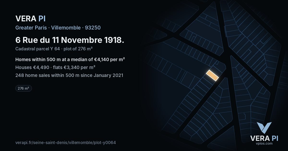 6 Rue du 11 Novembre 1918, Villemomble at night – the plot lit, the parcels around coloured by the prices near them