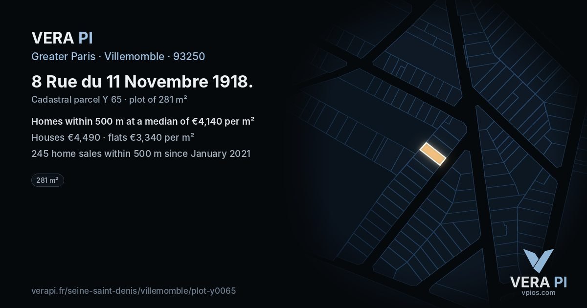 8 Rue du 11 Novembre 1918, Villemomble at night – the plot lit, the parcels around coloured by the prices near them