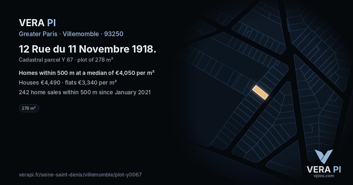 12 Rue du 11 Novembre 1918, Villemomble at night – the plot lit, the parcels around coloured by the prices near them