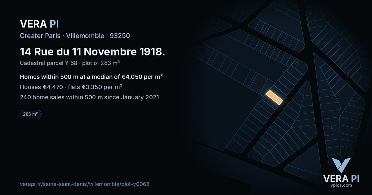 14 Rue du 11 Novembre 1918, Villemomble at night – the plot lit, the parcels around coloured by the prices near them