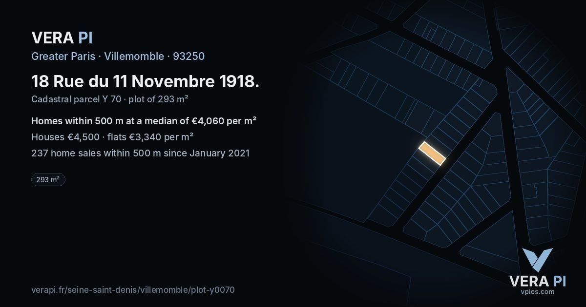 18 Rue du 11 Novembre 1918, Villemomble at night – the plot lit, the parcels around coloured by the prices near them