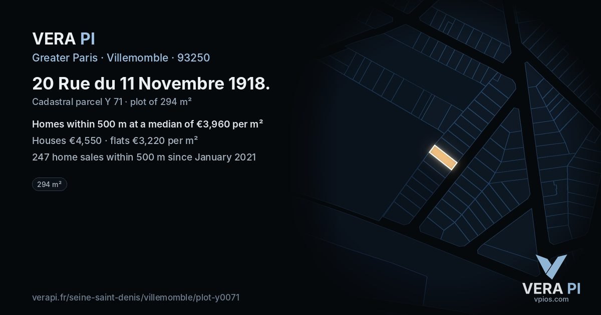 20 Rue du 11 Novembre 1918, Villemomble at night – the plot lit, the parcels around coloured by the prices near them