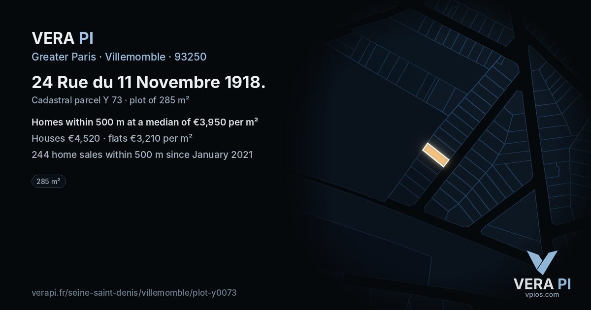 24 Rue du 11 Novembre 1918, Villemomble at night – the plot lit, the parcels around coloured by the prices near them