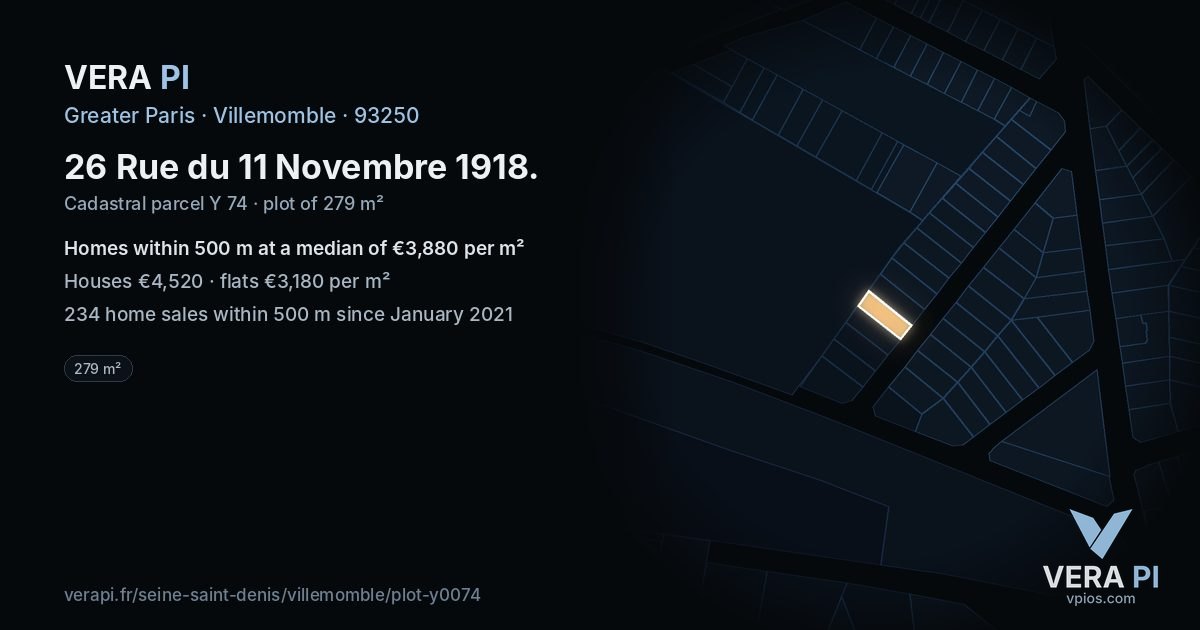 26 Rue du 11 Novembre 1918, Villemomble at night – the plot lit, the parcels around coloured by the prices near them