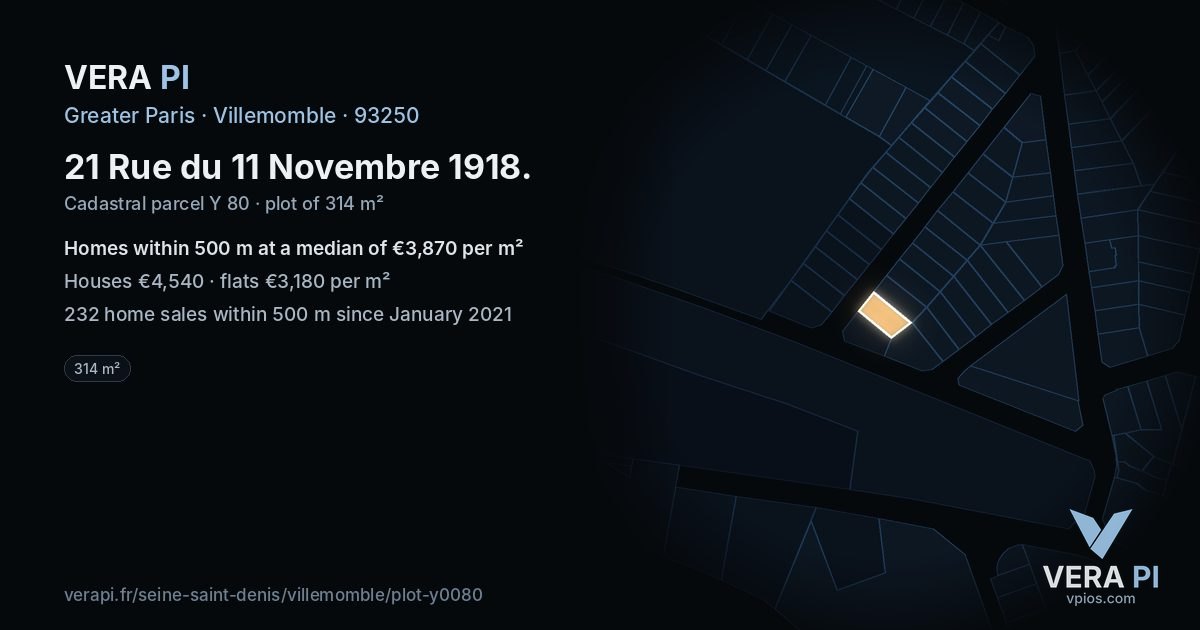 21 Rue du 11 Novembre 1918, Villemomble at night – the plot lit, the parcels around coloured by the prices near them