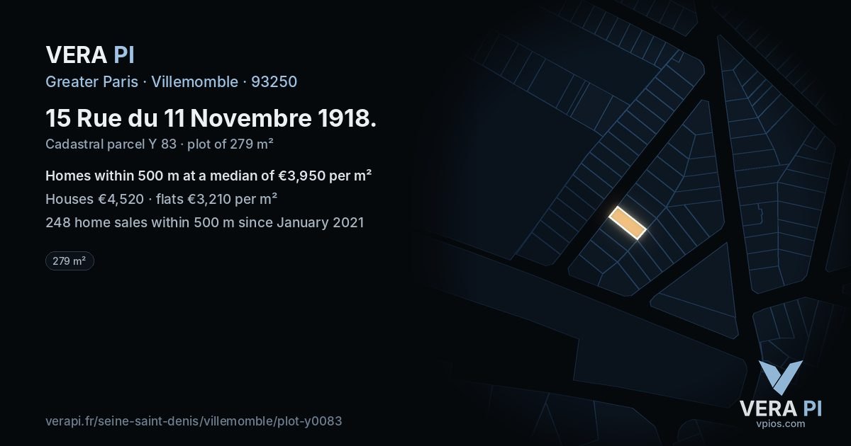 15 Rue du 11 Novembre 1918, Villemomble at night – the plot lit, the parcels around coloured by the prices near them
