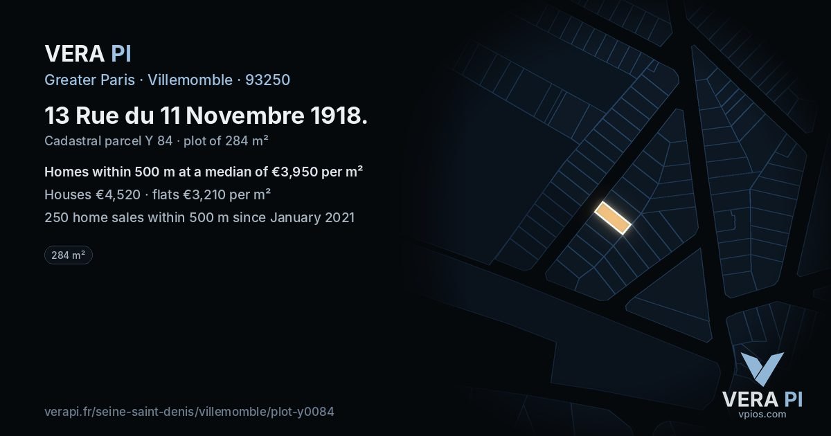 13 Rue du 11 Novembre 1918, Villemomble at night – the plot lit, the parcels around coloured by the prices near them