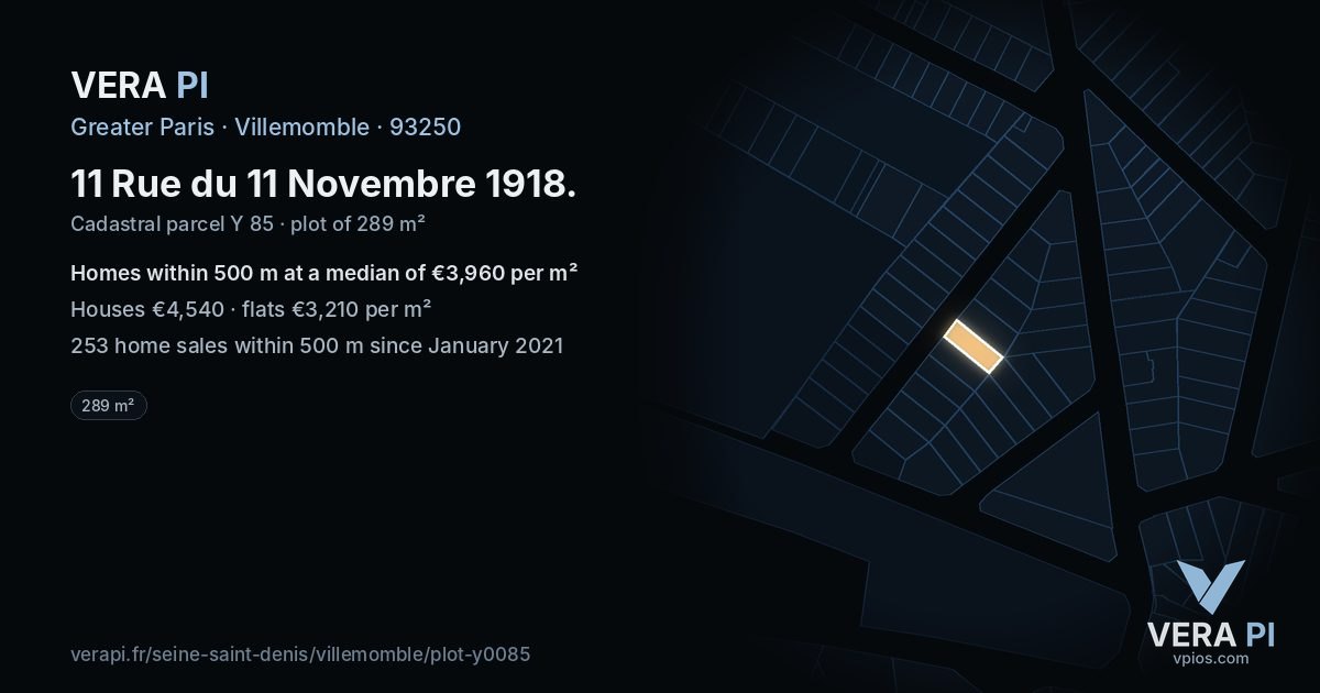 11 Rue du 11 Novembre 1918, Villemomble at night – the plot lit, the parcels around coloured by the prices near them