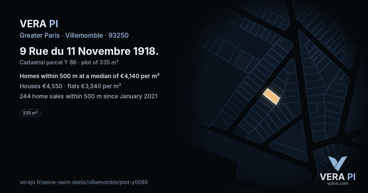 9 Rue du 11 Novembre 1918, Villemomble at night – the plot lit, the parcels around coloured by the prices near them