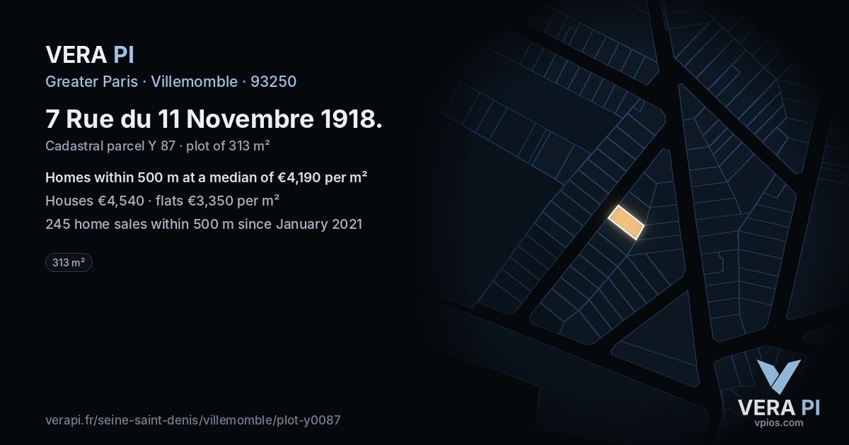 7 Rue du 11 Novembre 1918, Villemomble at night – the plot lit, the parcels around coloured by the prices near them