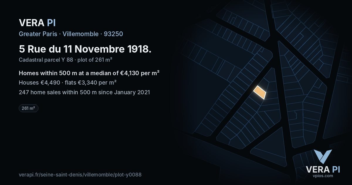 5 Rue du 11 Novembre 1918, Villemomble at night – the plot lit, the parcels around coloured by the prices near them