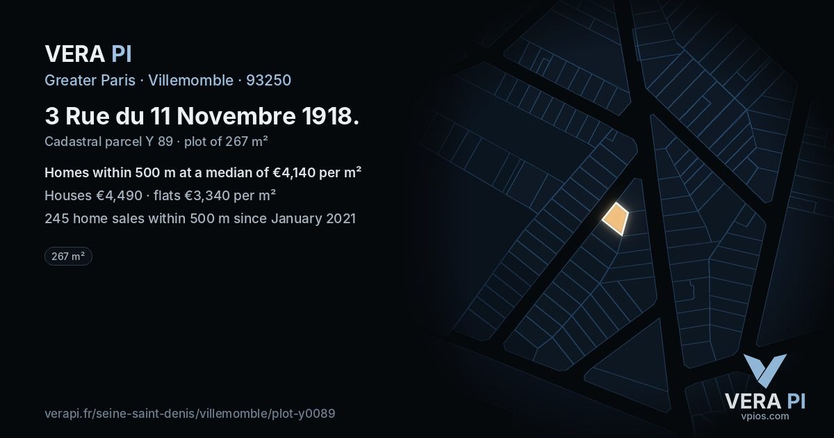 3 Rue du 11 Novembre 1918, Villemomble at night – the plot lit, the parcels around coloured by the prices near them