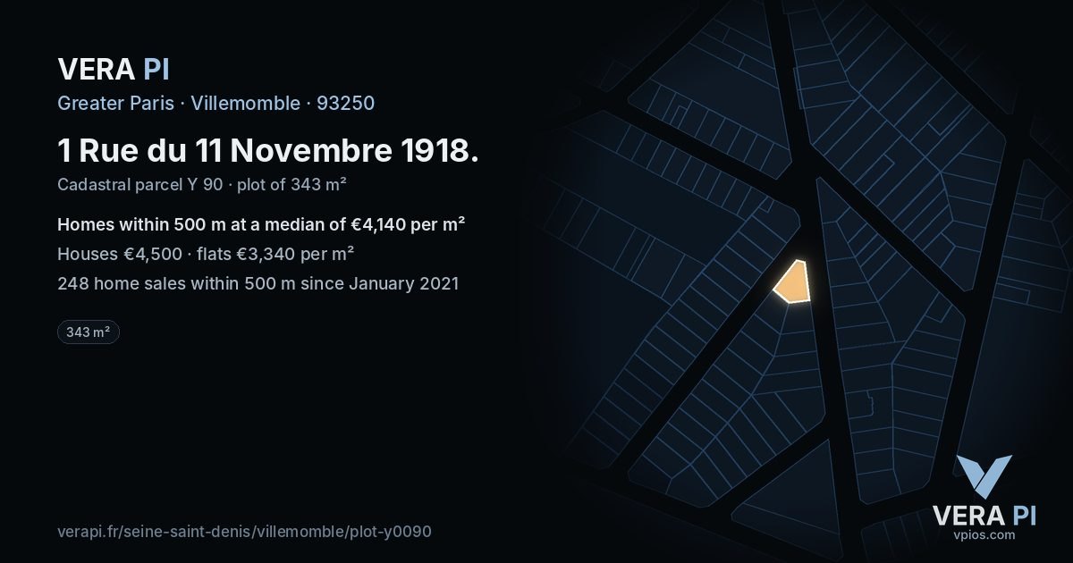 1 Rue du 11 Novembre 1918, Villemomble at night – the plot lit, the parcels around coloured by the prices near them