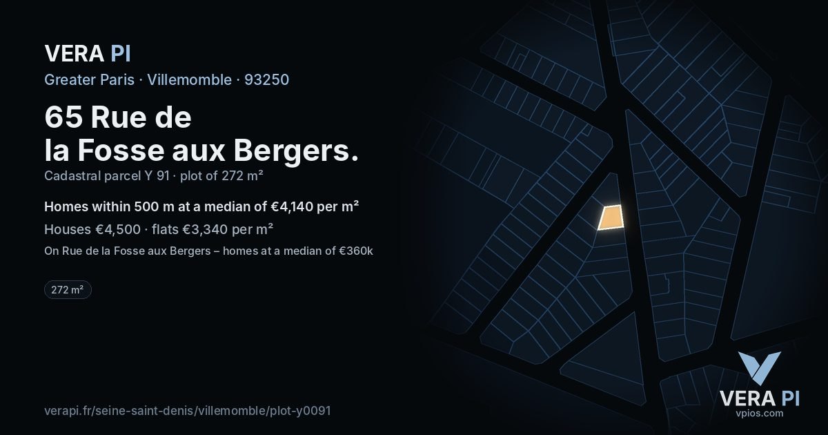 65 Rue de la Fosse aux Bergers, Villemomble at night – the plot lit, the parcels around coloured by the prices near them