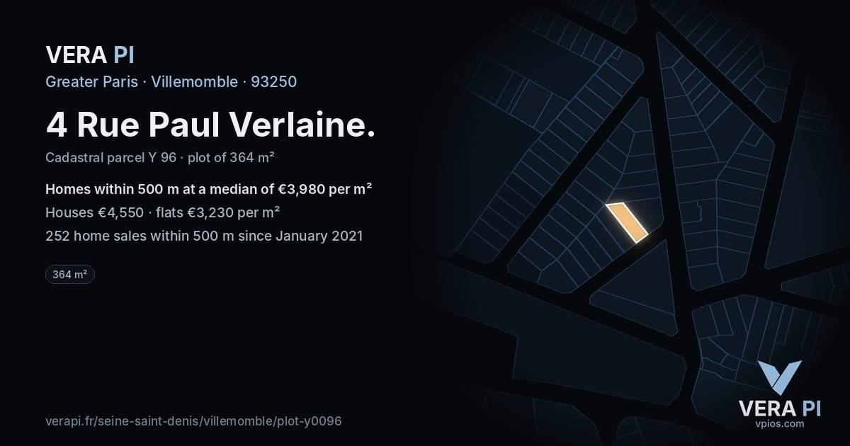 4 Rue Paul Verlaine, Villemomble at night – the plot lit, the parcels around coloured by the prices near them