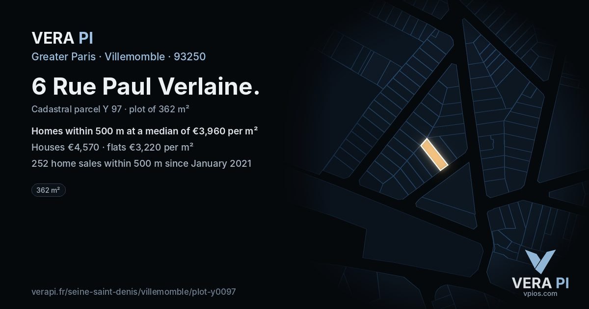 6 Rue Paul Verlaine, Villemomble at night – the plot lit, the parcels around coloured by the prices near them