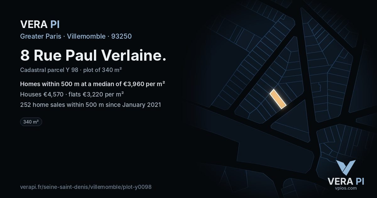 8 Rue Paul Verlaine, Villemomble at night – the plot lit, the parcels around coloured by the prices near them