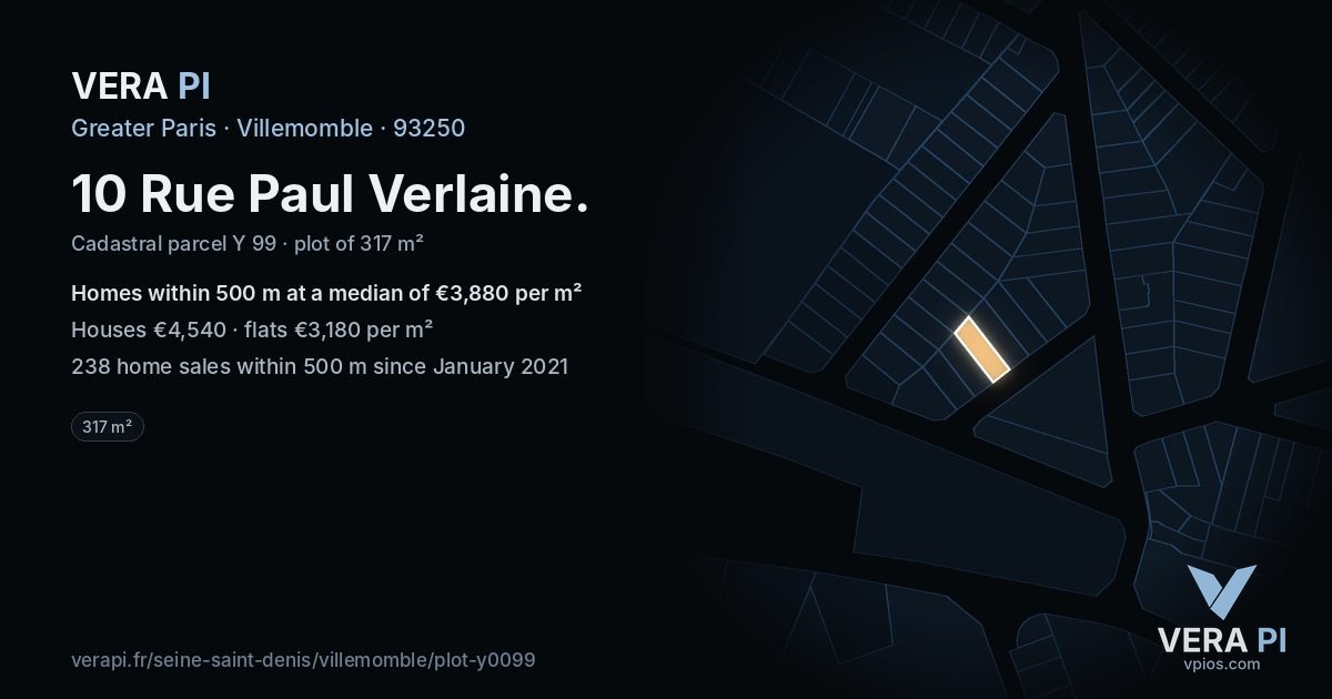 10 Rue Paul Verlaine, Villemomble at night – the plot lit, the parcels around coloured by the prices near them