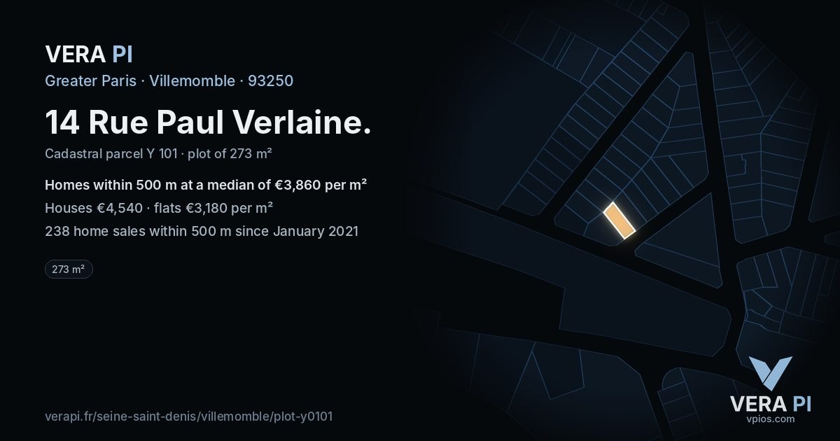 14 Rue Paul Verlaine, Villemomble at night – the plot lit, the parcels around coloured by the prices near them