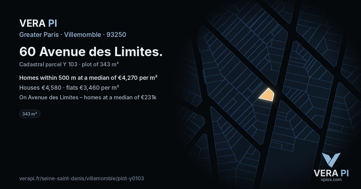 60 Avenue des Limites, Villemomble at night – the plot lit, the parcels around coloured by the prices near them