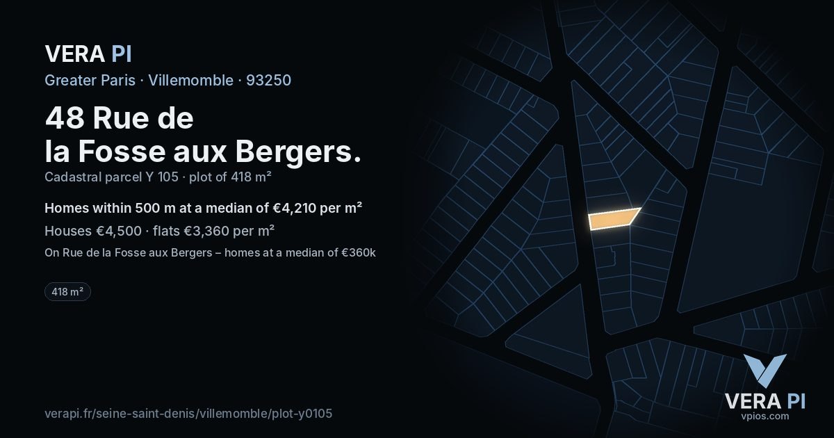 48 Rue de la Fosse aux Bergers, Villemomble at night – the plot lit, the parcels around coloured by the prices near them