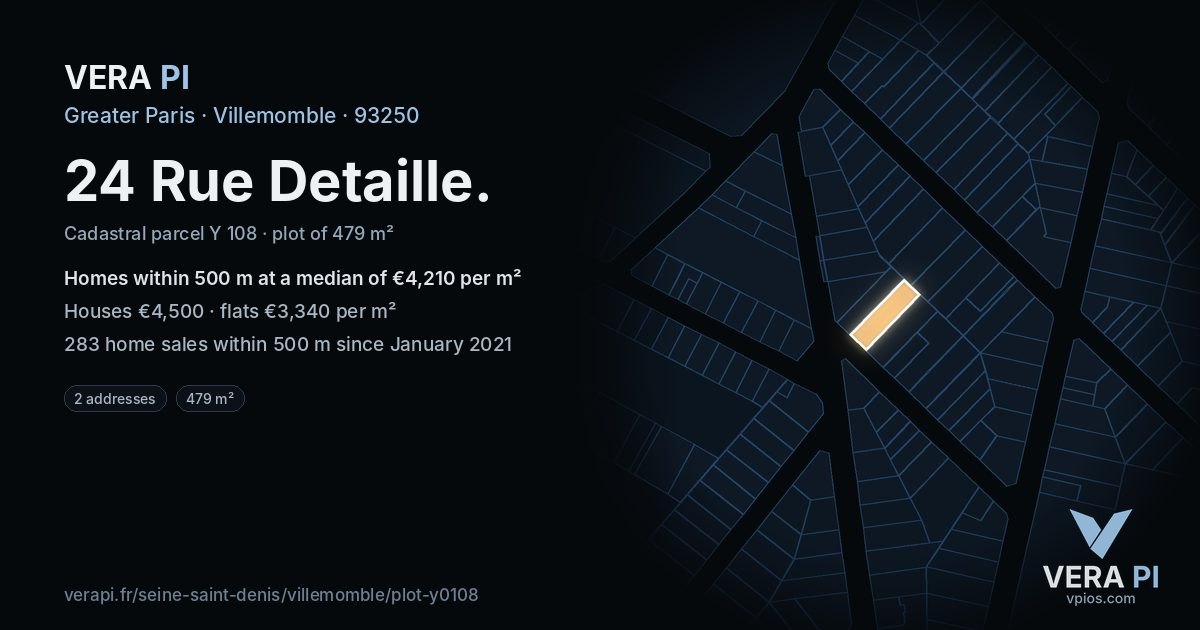 24 Rue Detaille, Villemomble at night – the plot lit, the parcels around coloured by the prices near them