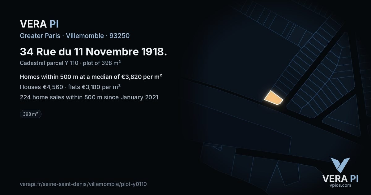 34 Rue du 11 Novembre 1918, Villemomble at night – the plot lit, the parcels around coloured by the prices near them