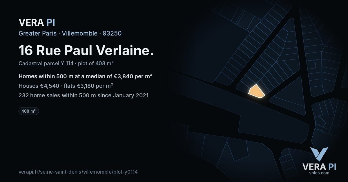 16 Rue Paul Verlaine, Villemomble at night – the plot lit, the parcels around coloured by the prices near them