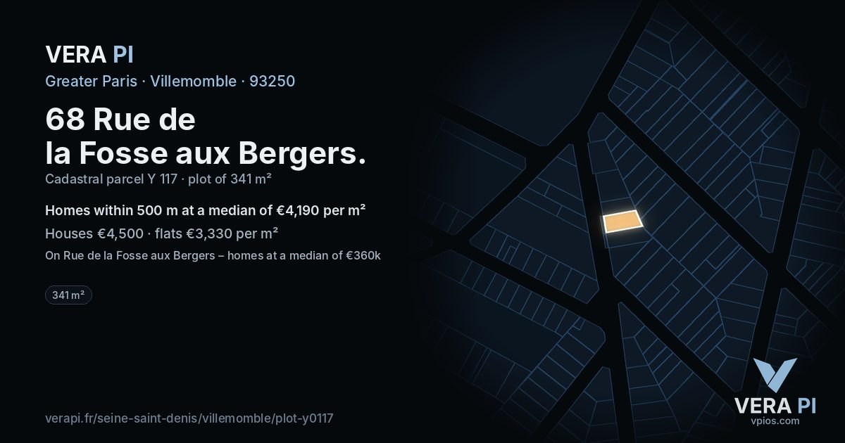 68 Rue de la Fosse aux Bergers, Villemomble at night – the plot lit, the parcels around coloured by the prices near them