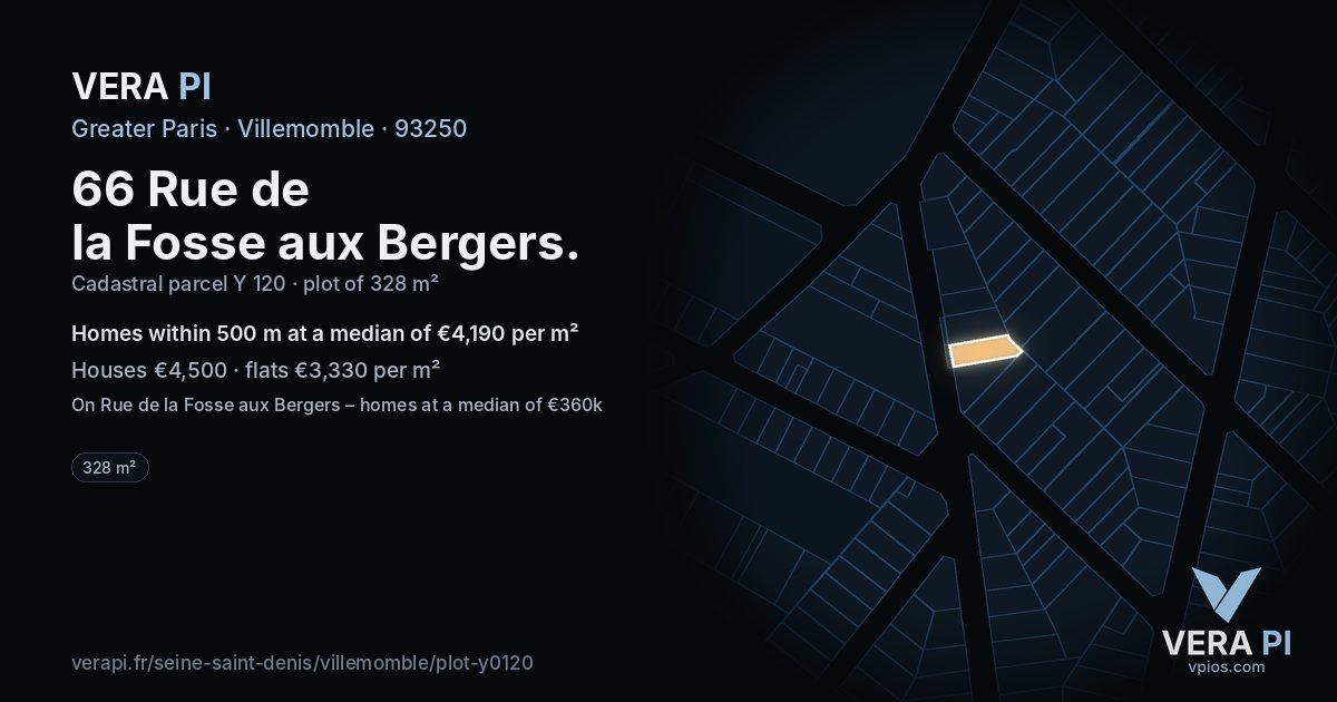 66 Rue de la Fosse aux Bergers, Villemomble at night – the plot lit, the parcels around coloured by the prices near them