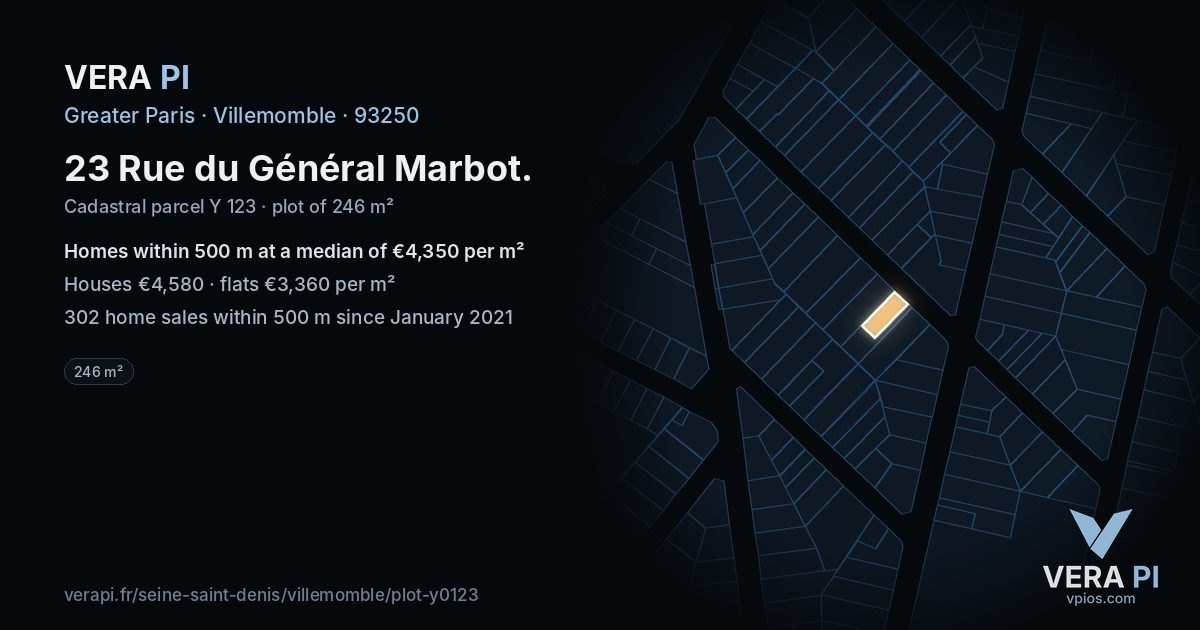23 Rue du Général Marbot, Villemomble at night – the plot lit, the parcels around coloured by the prices near them