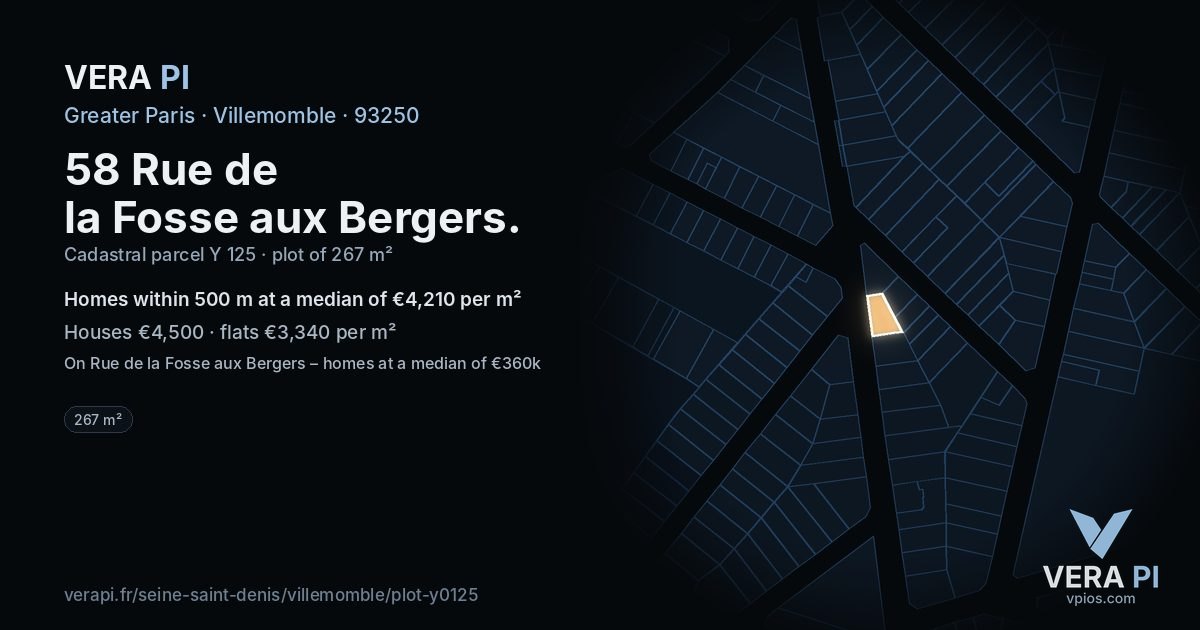 58 Rue de la Fosse aux Bergers, Villemomble at night – the plot lit, the parcels around coloured by the prices near them