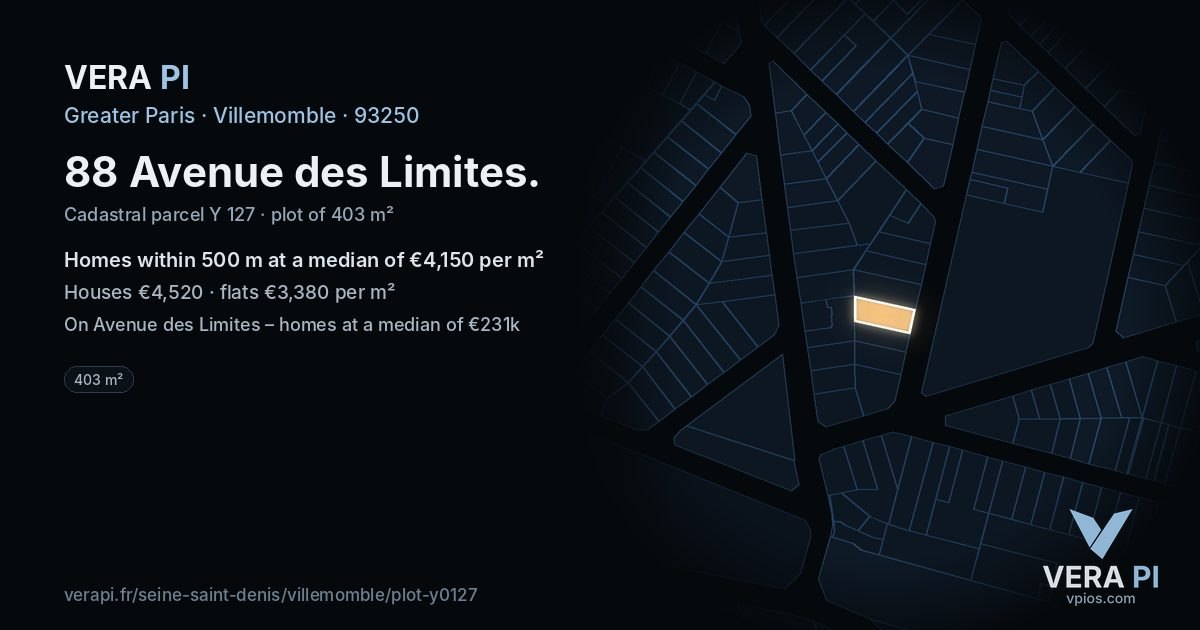 88 Avenue des Limites, Villemomble at night – the plot lit, the parcels around coloured by the prices near them