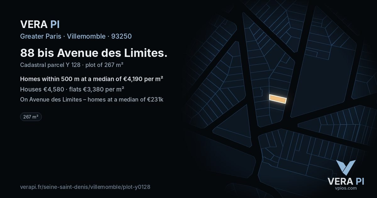 88 bis Avenue des Limites, Villemomble at night – the plot lit, the parcels around coloured by the prices near them