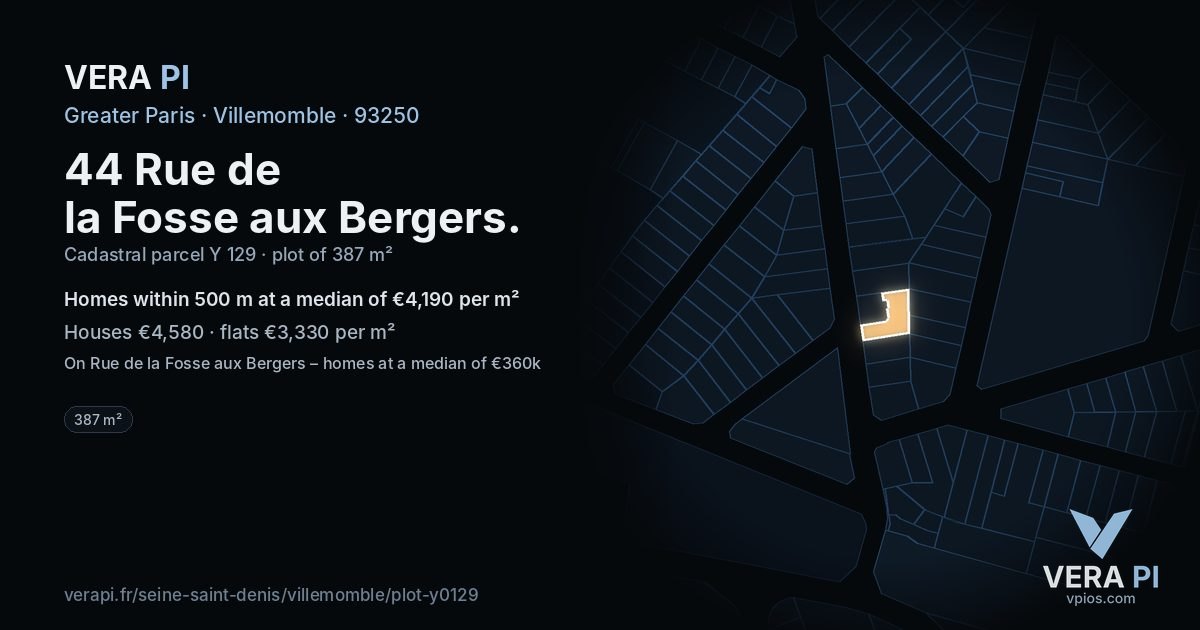 44 Rue de la Fosse aux Bergers, Villemomble at night – the plot lit, the parcels around coloured by the prices near them