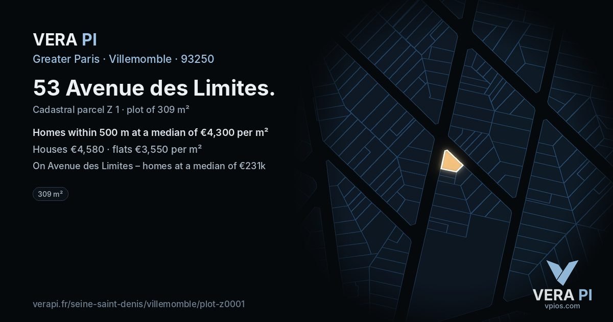 53 Avenue des Limites, Villemomble at night – the plot lit, the parcels around coloured by the prices near them